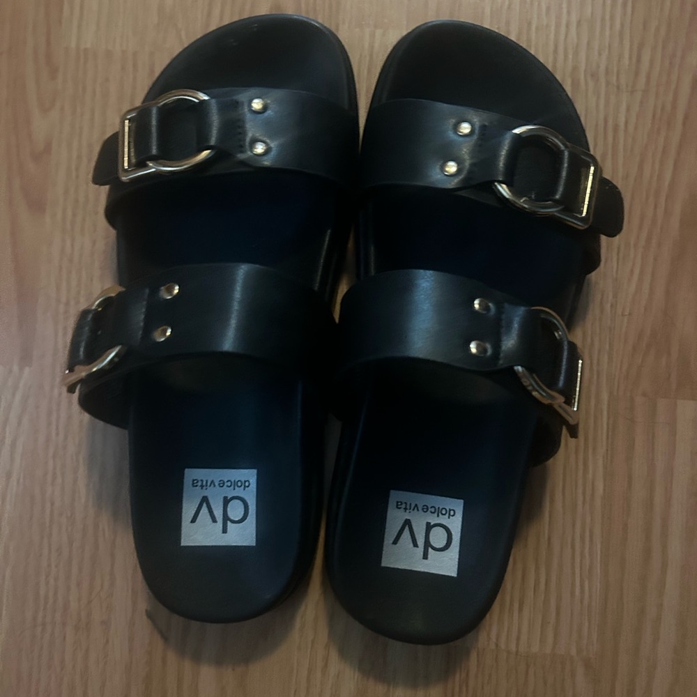 Dolce Vita Black Sandals with Gold Buckles